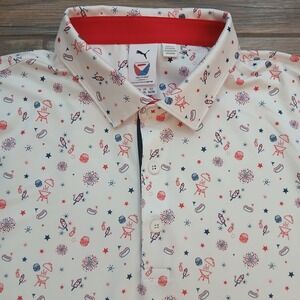 Puma Polo Mens Large White Golf Volition America BBQ Fireworks Patriotic Stretch